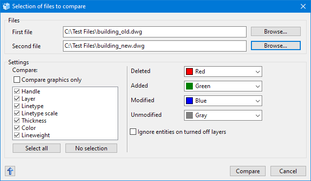 Files and settings for comparison